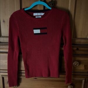 Tommy Hilfiger red Ribbed Long Sleeve Top with Flag Patch